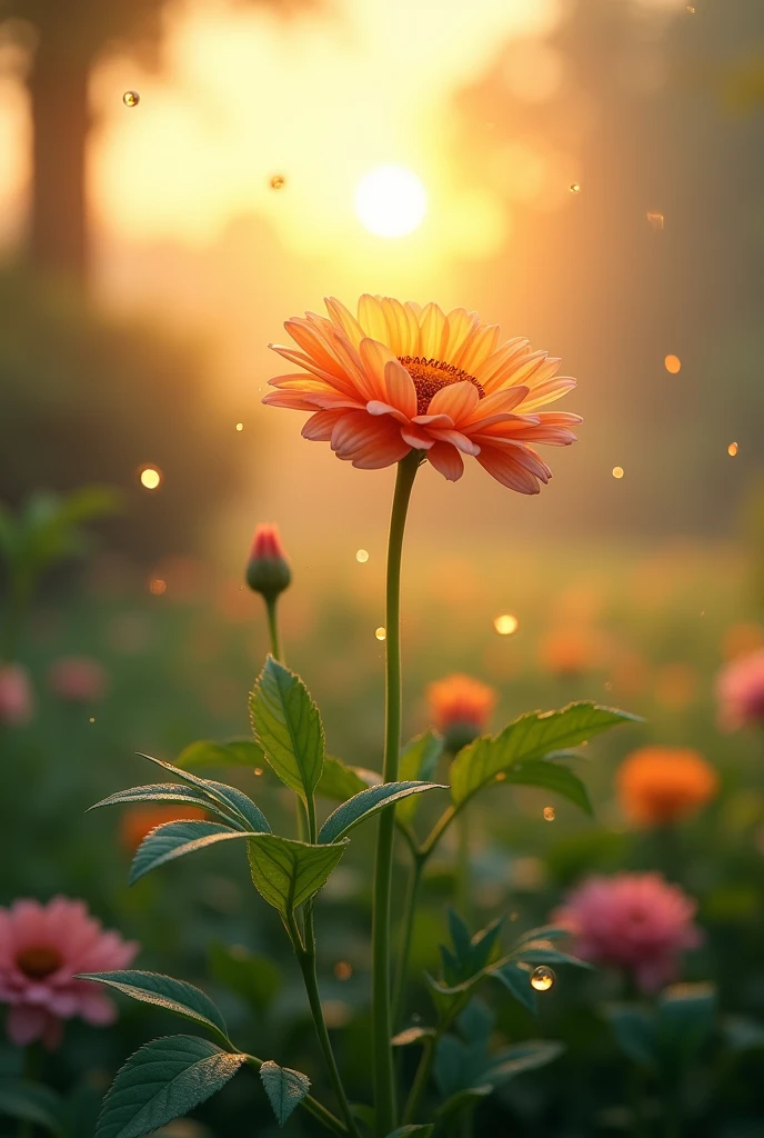 A garden with the sun rising and a flower blooming with dew drops.