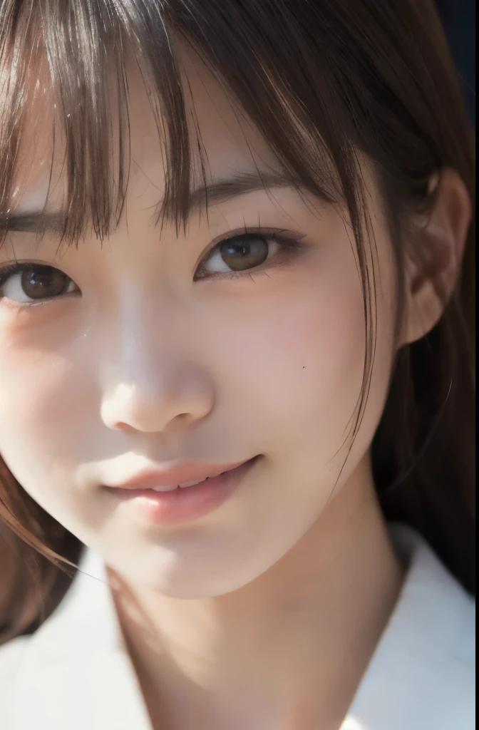 best quality, face focus, soft light, ultra high res, (photorealistic:1.4), RAW photo,(Shinozaki Ai), (fair skin), High school girl, 1 Japanese girl, solo, cute, smile, (pupil, lights in the eyes), detailed beautiful face, busty,(high resolution detail of human skin texture),long hair,(portrait), upper body, Japanese white kimono