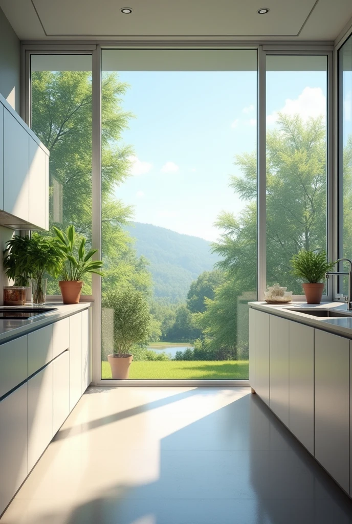 A kitchen with a large window behind the sink