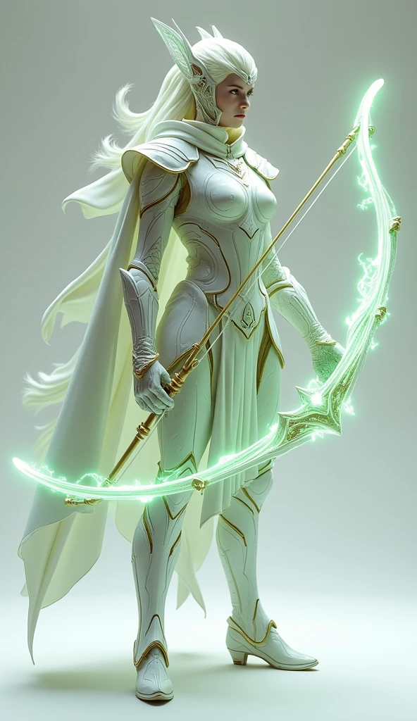 Generate a 4K, ultra-realistic image of a swift and agile warrior from Nova Aeterna, fully visible standing from head to toe. This warrior is dressed in light, flexible armor that combines advanced materials with ancient design elements, featuring a flowing cloak that billows with movement. The armor is accented with gold trims and glowing green energy, and the warrior wields a bow with arrows made of pure energy. The background is light gray, providing contrast to the warrior’s swift and graceful appearance.