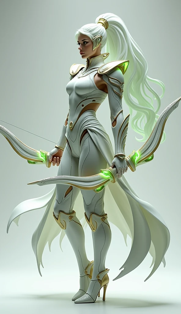 Generate a 4K, ultra-realistic image of a swift and agile warrior from Nova Aeterna, fully visible standing from head to toe. This warrior is dressed in light, flexible armor that combines advanced materials with ancient design elements, featuring a flowing cloak that billows with movement. The armor is accented with gold trims and glowing green energy, and the warrior wields a bow with arrows made of pure energy. The background is light gray, providing contrast to the warrior’s swift and graceful appearance.