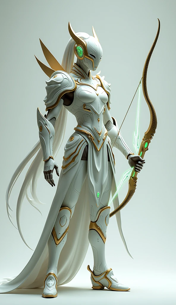 Generate a 4K, ultra-realistic image of a swift and agile warrior from Nova Aeterna, fully visible standing from head to toe. This warrior is dressed in light, flexible armor that combines advanced materials with ancient design elements, featuring a flowing cloak that billows with movement. The armor is accented with gold trims and glowing green energy, and the warrior wields a bow with arrows made of pure energy. The background is light gray, providing contrast to the warrior’s swift and graceful appearance.