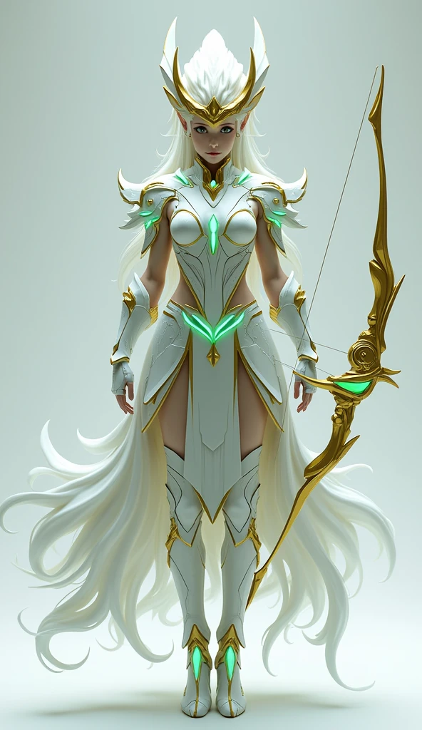 Generate a 4K, ultra-realistic image of a swift and agile warrior from Nova Aeterna, fully visible standing from head to toe. This warrior is dressed in light, flexible armor that combines advanced materials with ancient design elements, featuring a flowing cloak that billows with movement. The armor is accented with gold trims and glowing green energy, and the warrior wields a bow with arrows made of pure energy. The background is light gray, providing contrast to the warrior’s swift and graceful appearance.