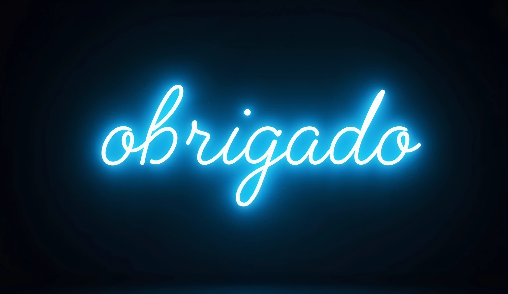 dark blue light neon saying "OBRIGADO", black background, bold font, modern design