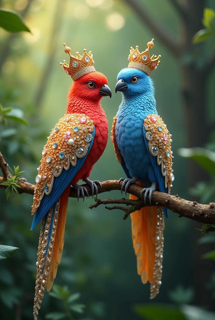 A very beautiful colourful 4K birds pairs which is chirping and speaking, its feathers are studded with diamonds and pearls. On its head is a crown of gold, silver and diamonds and pearls,  a long tail adorned with colorful spots, perched on a branch with a blurred green forest background, romantic
