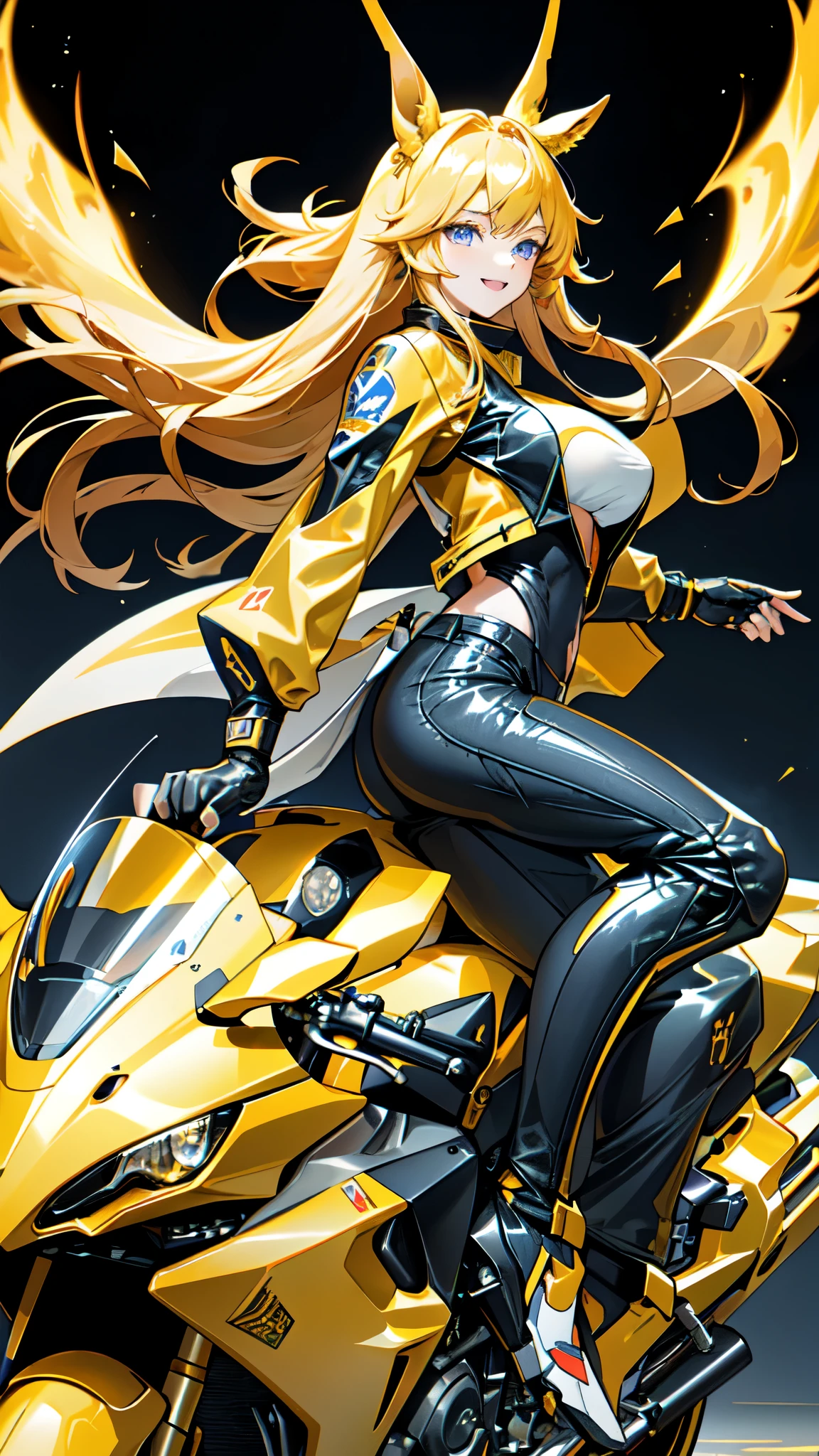 1 person,woman,((Long Hair)),((Full Bang)),((The tips of the hair spread)),((Golden Hair)),((Dark blue ribbon on right ear)),((Golden Flame)), ((Golden Flameの渦)),wallpaper, Wind景,Depth of written boundary, night, Particles of light, light, Side light, Thighs,****, cloud,Gaze, ((Large Breasts)),((Light blue eyes)),((Horse ears)),Bright smile,Open your mouth,Wind,((Rides a big yellow motorcycle)),((1 motorcycle)),((HONDA CBR1000RR-R)),((vehicle)),((Driving)),((Straddle)),((Yellow Riders Jacket)),((Black rider pants)),