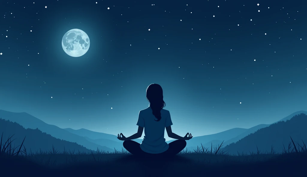 A calming image of a person meditating under a starry sky with the moon partially obscured in the background. The scene radiates peace and tranquility, with soft, calming colors and a serene expression on the person’s face. --ar 16:9