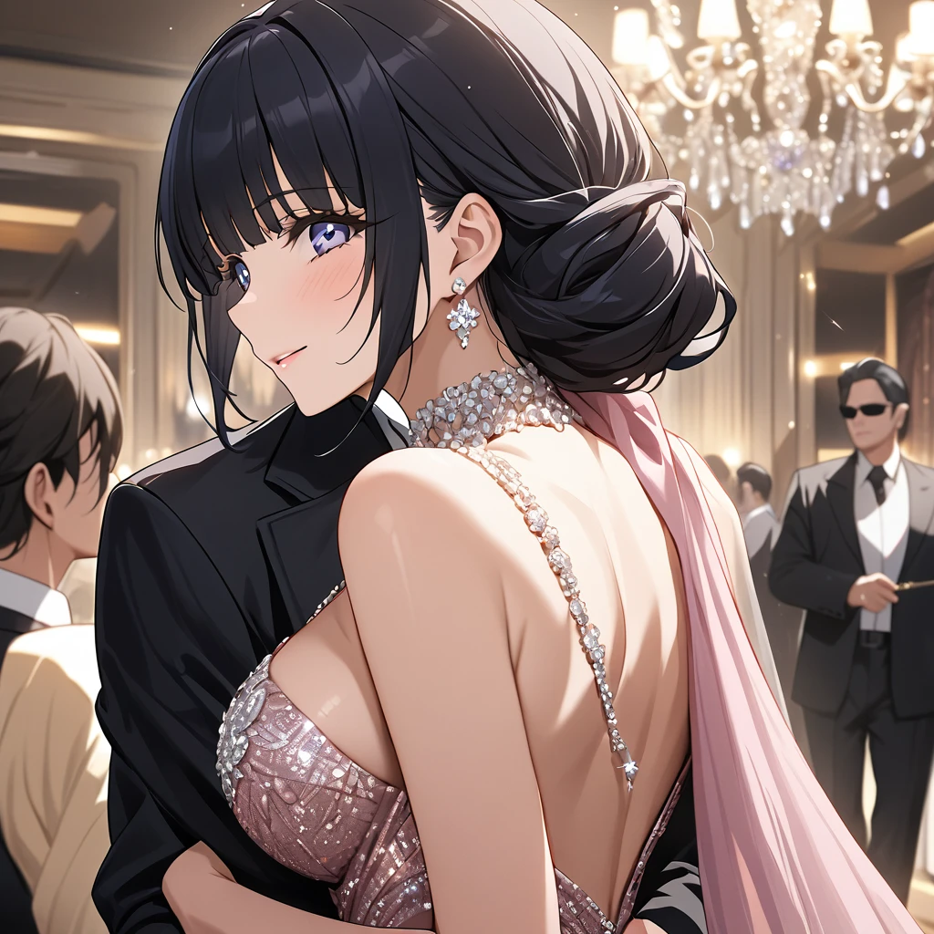 ((Highest quality)), ((masterpiece)), (detailed), (Perfect Face)、The woman is Reika Aoki, the wife of a mafia boss, with medium-long black hair and an engagement ring.、The woman is dressed in the most luxurious and glittering party dress and lavish jewelry to show her mafia dignity at the luxurious party venue, and is being escorted by the mafia boss.、The woman is happily embracing the mafia boss as they are escorted by him. They are a happy couple.