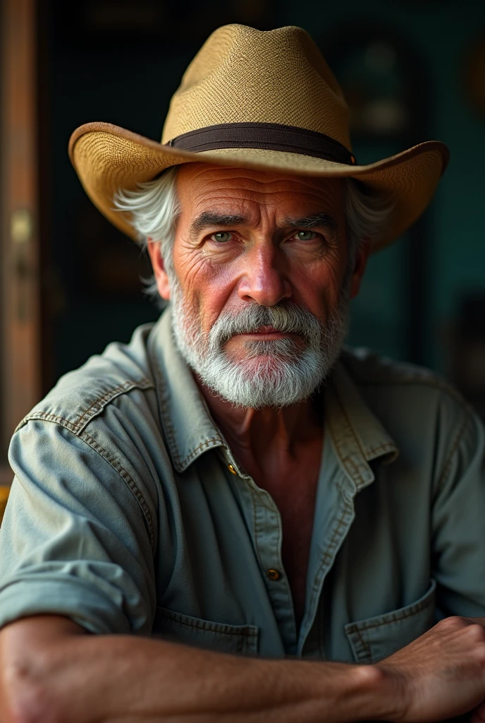 A middle aged man with a straw hat sitting in a chair, gazing at viewer, close-up, motion blur, sideways, cinematic lighting, Hyperrealism, uhd, high details, super detail, anatomically correct, accurate