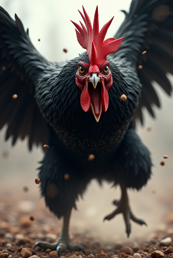 An image depicting a properly decrested fighting cock with jet black feathers, intense eyes and sharp beak, lunges forward in a ferocious attack. His muscles are tense and his wings are spread out., creating a sense of movement and power. No crest no crest
