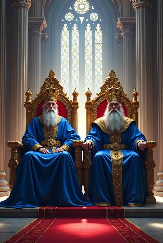 A 2 King sitting on the throne in the altar hall of a beautiful castle wearing a blue outfit