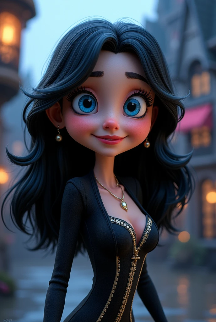 A Hotel Transylvania style cartoon character,female with black hair and blue eyes