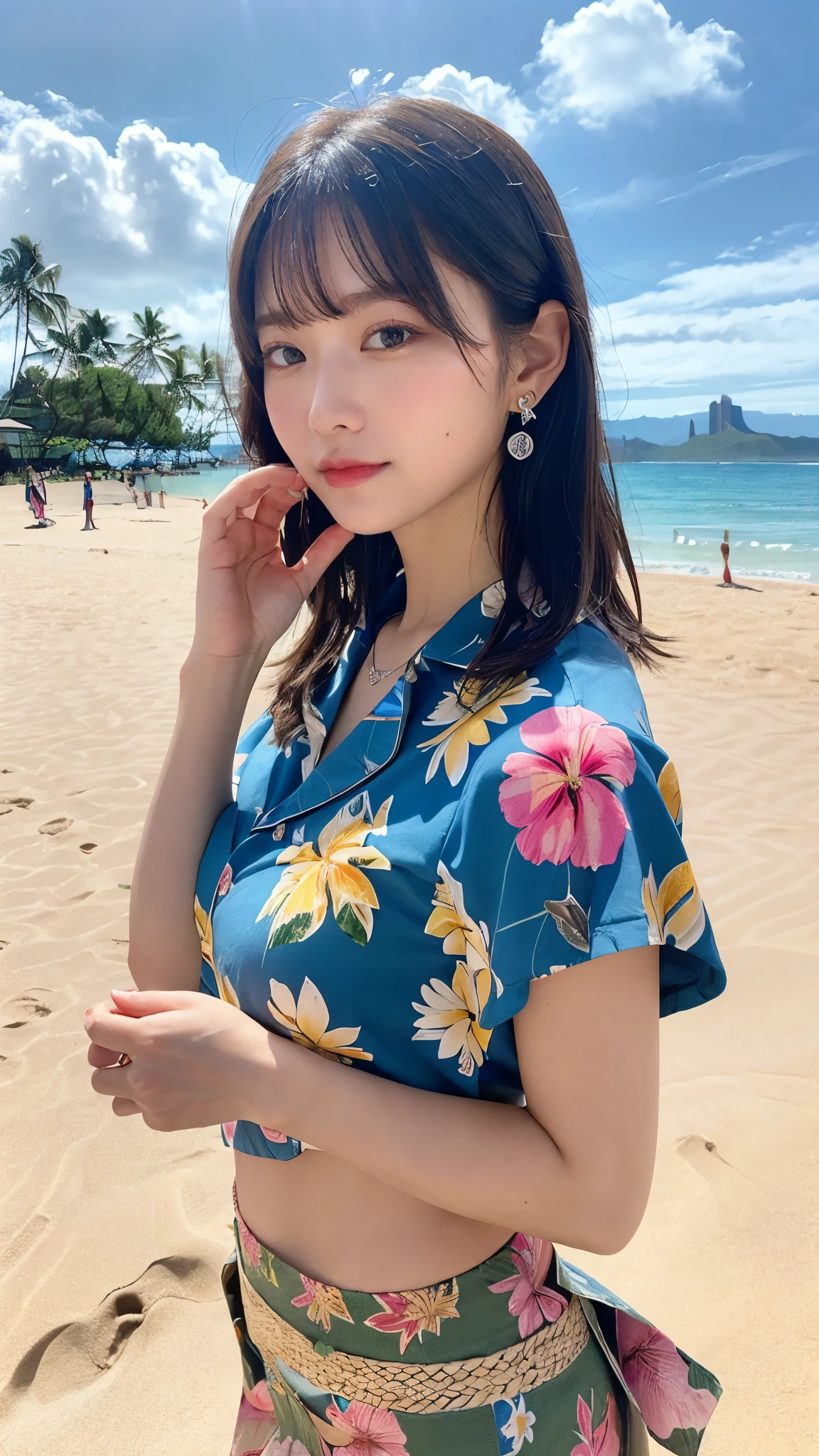 Highest qualityのリアル, Official Art, Highly detailed CG Unity 8k wallpaper,(masterpiece:1.3), (8k, Realistic, RAW Photos, Highest quality: 1.4), (1 girl), Pretty face, (Realistic Face), (Black Hair, Medium Hair:1.3), Beautiful hairstyle, Realistic eyes, fine grain, (Realistic Skin), Beautiful Skin, (On the chest), absurdists, charm, Ultra-high definition resolution, Ultra-Realistic Golden Ratio, Very detailed, Upper Body, Japanese Idols,(Aloha shirt and floral mini skirt:1.3),BREAK,Sounds good(Lol),(Heart Necklace),(Triangle earrings for a luxury hotel),BREAK, (A gentle lol face like a goddess),(Standing on the white sand of Waikiki Beach with Diamond Head in the background:1.2),Standing position, The hem of her aloha shirt flutters in the wind、Perfect Fingers、Five fingers