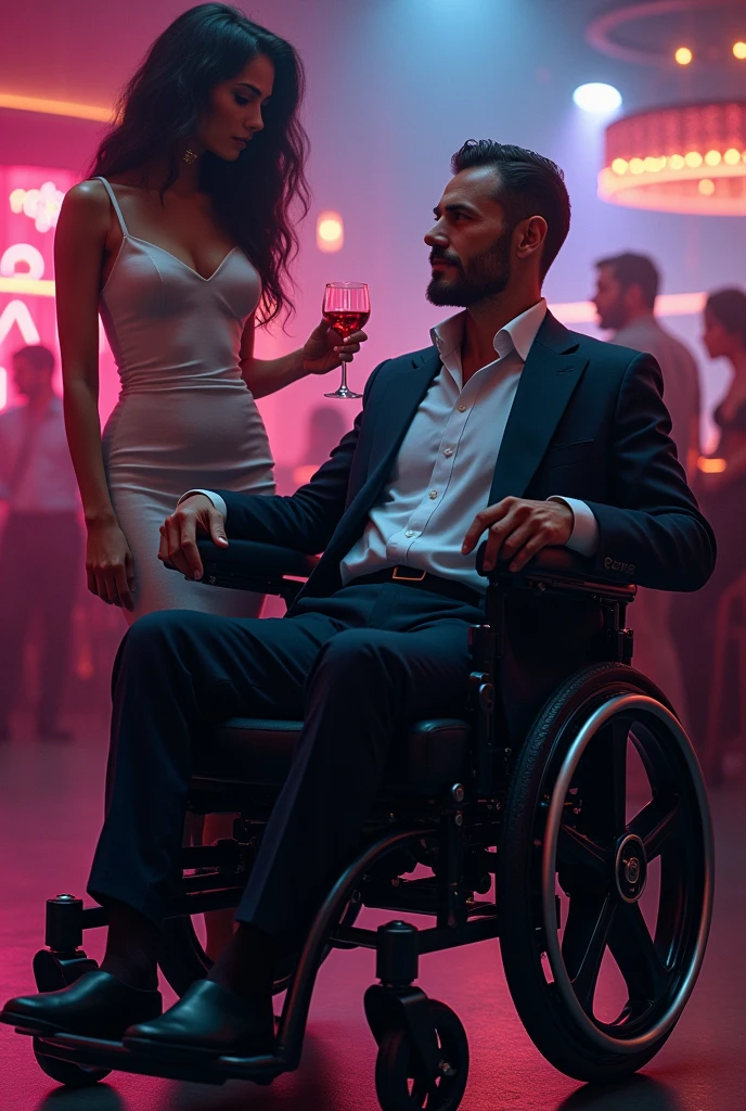 8 tycon on wheel chair with young girl with wine glass in hand in a club