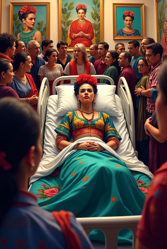 Frida Kahlo arriving at her art exhibition in a hospital bed surrounded by many people She uses bright and striking colors 