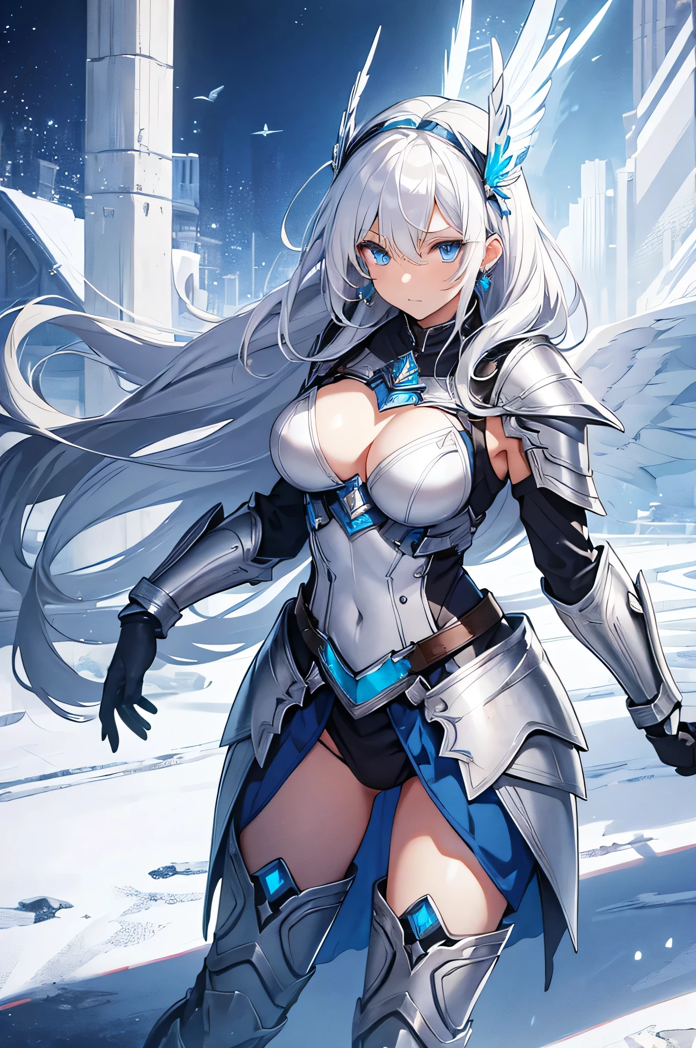 4K,High resolution,One Woman,White Hair,long hair,Blue Eyes,Valkyrie,Silver Sacred Armor,Full Armor,Sideboob,Blue long boots,Blue gloves,Winged headgear,Jewelry decoration,Holy Sword,Temple in the Sky