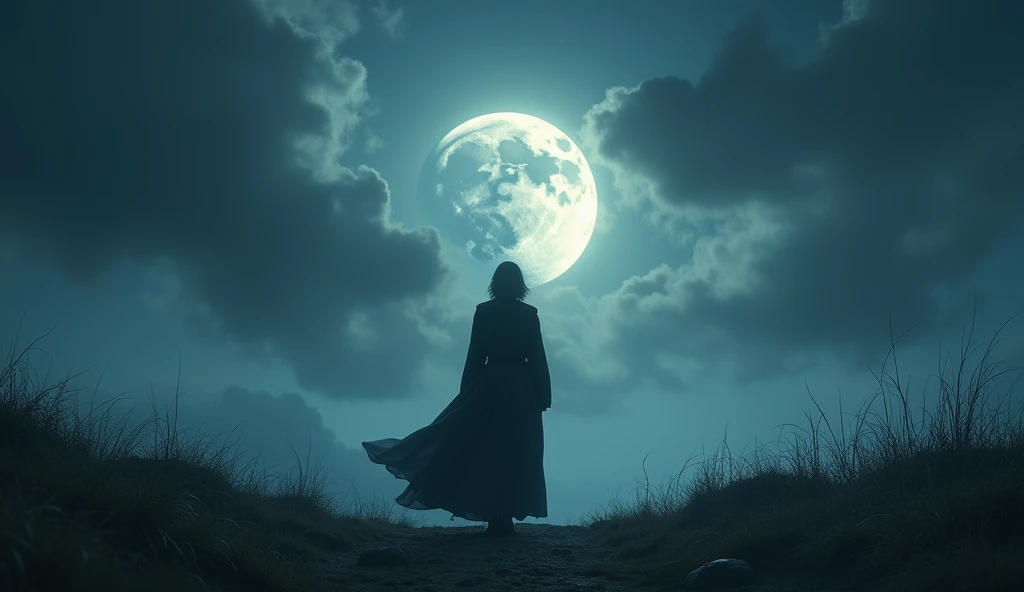 An individual standing strong amidst a windy, moonlit landscape. The moon is partially eclipsed, and the person’s stance reflects resilience and inner strength, with the night sky swirling around them. --ar 16:9