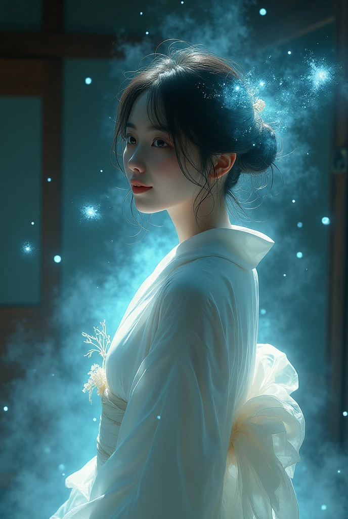 (((ghost)))、young woman、smile、(Beauty)、Japanese、cute、1、(sexy)、(My body is transparent)、Background: Dim and old Japanese room、kimono、kimono、Spirits flying all around、(best quality,4K,8k,highres,masterpiece:1.2),ultra-detailed,(realistic,photorealistic,photo-realistic:1.37),HDR,uhd,studio lighting,ultra-fine painting,sharp focus,physically-based rendering,extreme detail description,professional,vivid colors,bokeh,cinematic lighting,dramatic shadow,