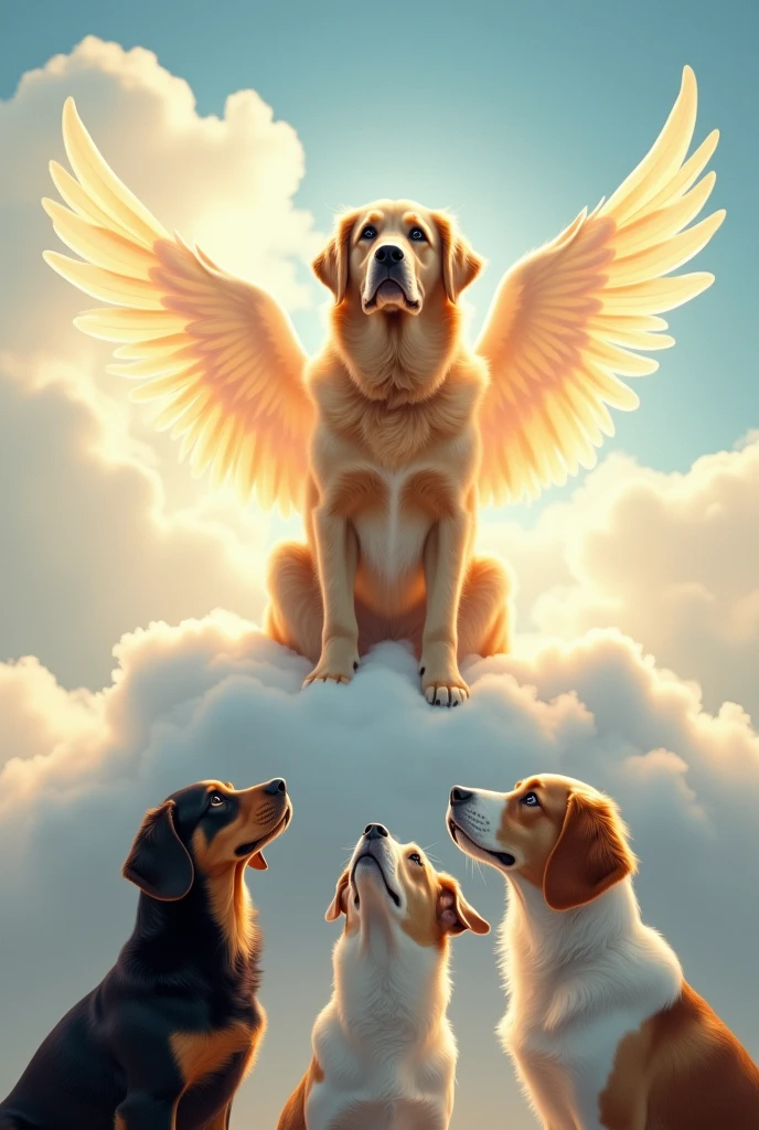 A golden retriever with angel wings on top of a cloud looking down at three dogs, um beagle Harry, a black and brown mutt, and a small white mongrel