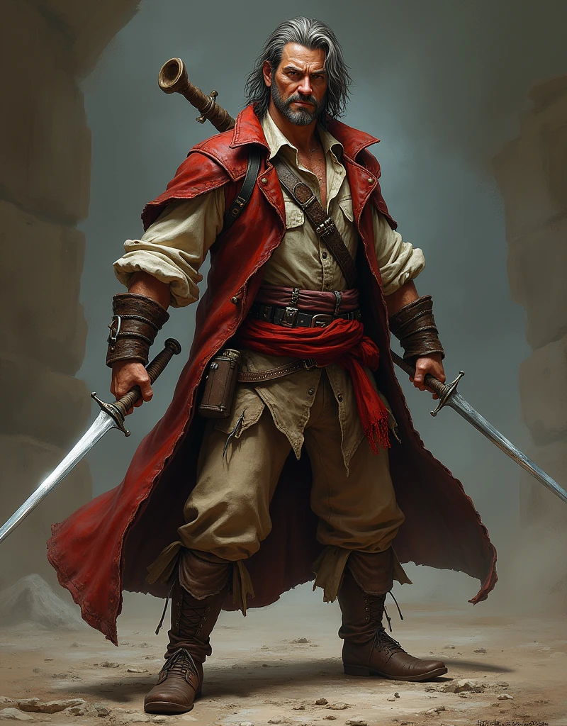 1man swashbuckler duelist rogue medieval southerneuropean raggedclothes dualwielding righhandeuropeanrapier lefthanddagger  smirking cocky