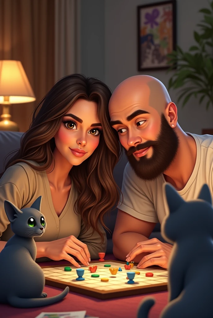 A Latin couple playing board games, a 2 woman with brown hair and highlights, brown eyes and a 2 bald man with a thick beard, There are also two cats, one a grey sphinx and one a grey furry cat, both with green eyes.