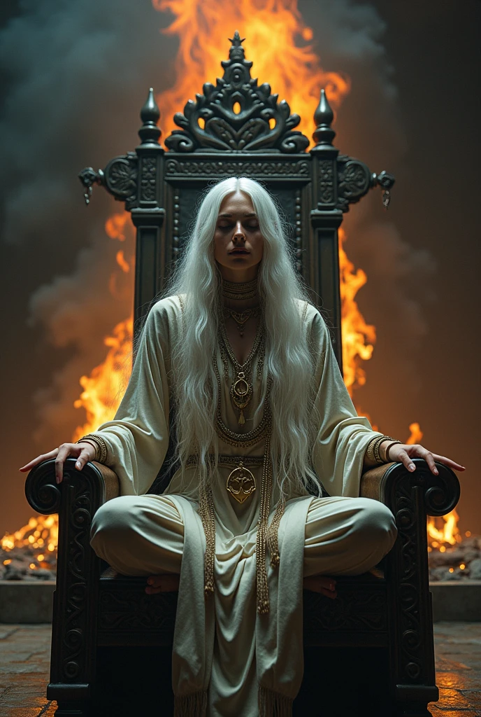 Image of a shaman woman with long white hair sitting in a chair with a fire in a spiritual ritual