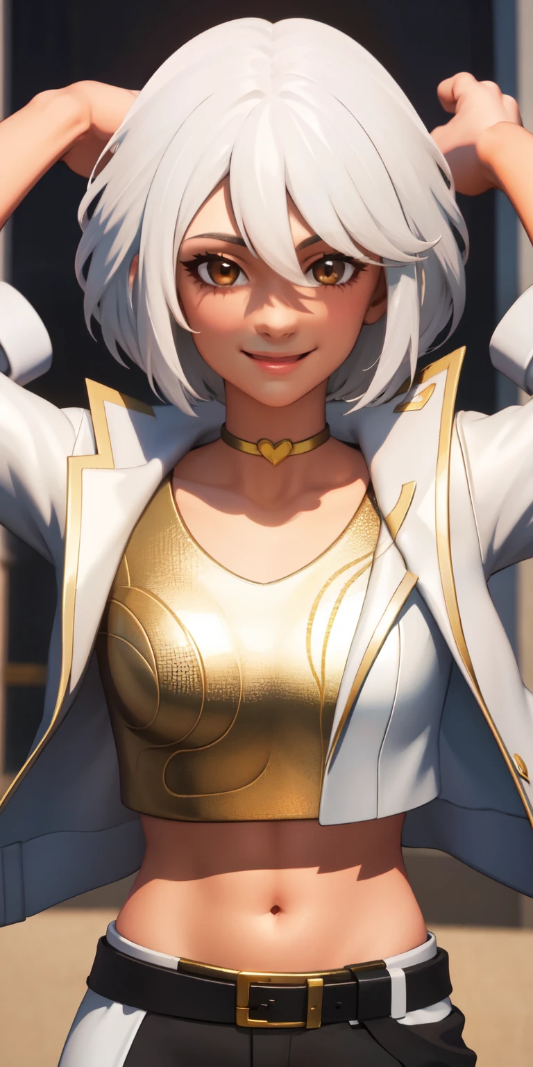 1girl, white hair, short hair, brown eyes, upper body, arms down, heart,(speed lines:1.1),medium breasts, heart, white jacket, jacket crop top, navel, gold crop top, smile