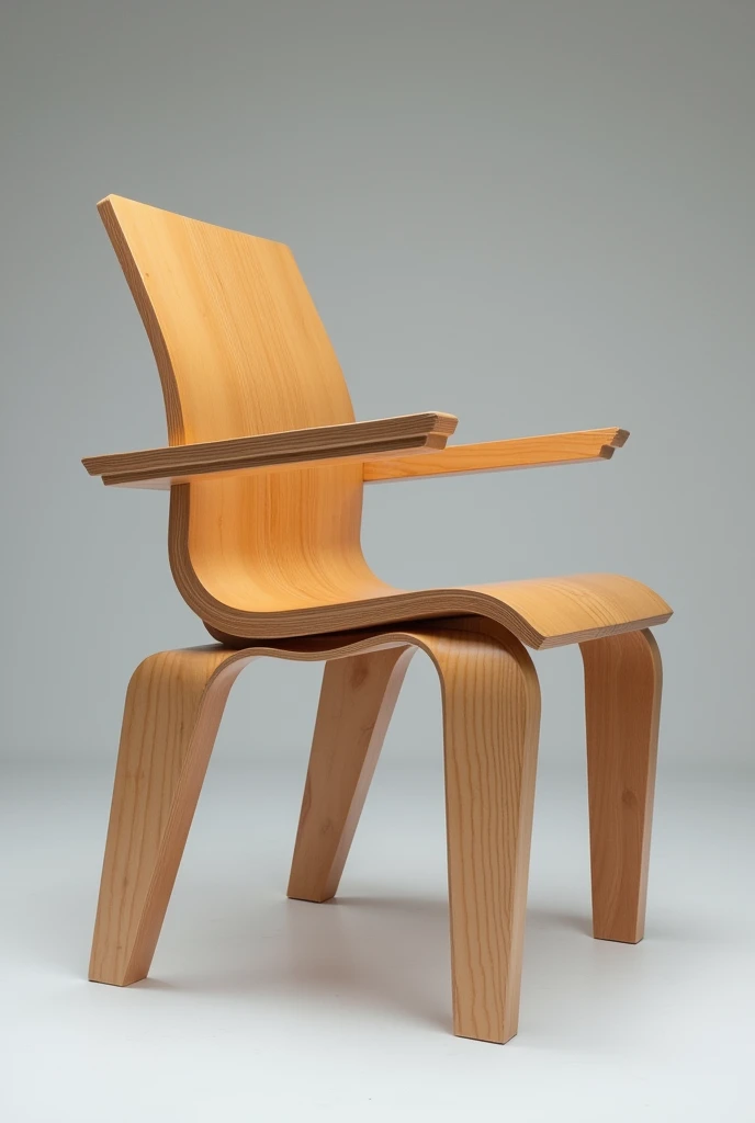 The chair will be made of brown pine wood., ideal for interiors, with a comfortable and ergonomic design. The rear legs will have a greater angle for more stability., and the front ones will maintain a lower inclination. The backrest will be high for better back support., This chair will have armrests. The structure will be reinforced to support weight, and its height will be suitable for raised tables. This chair has to look innovative, it is made from assemblies