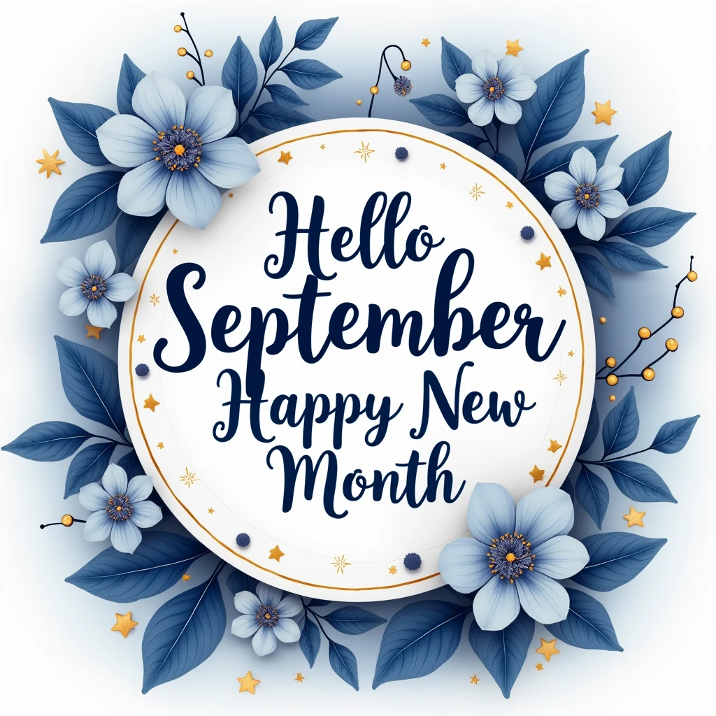 design of a happy New month, hyper realistic design, use use navy blue and white color for both fonts and background, add relevant interesting images and icons, beautiful. write on it "hello September happy new month"