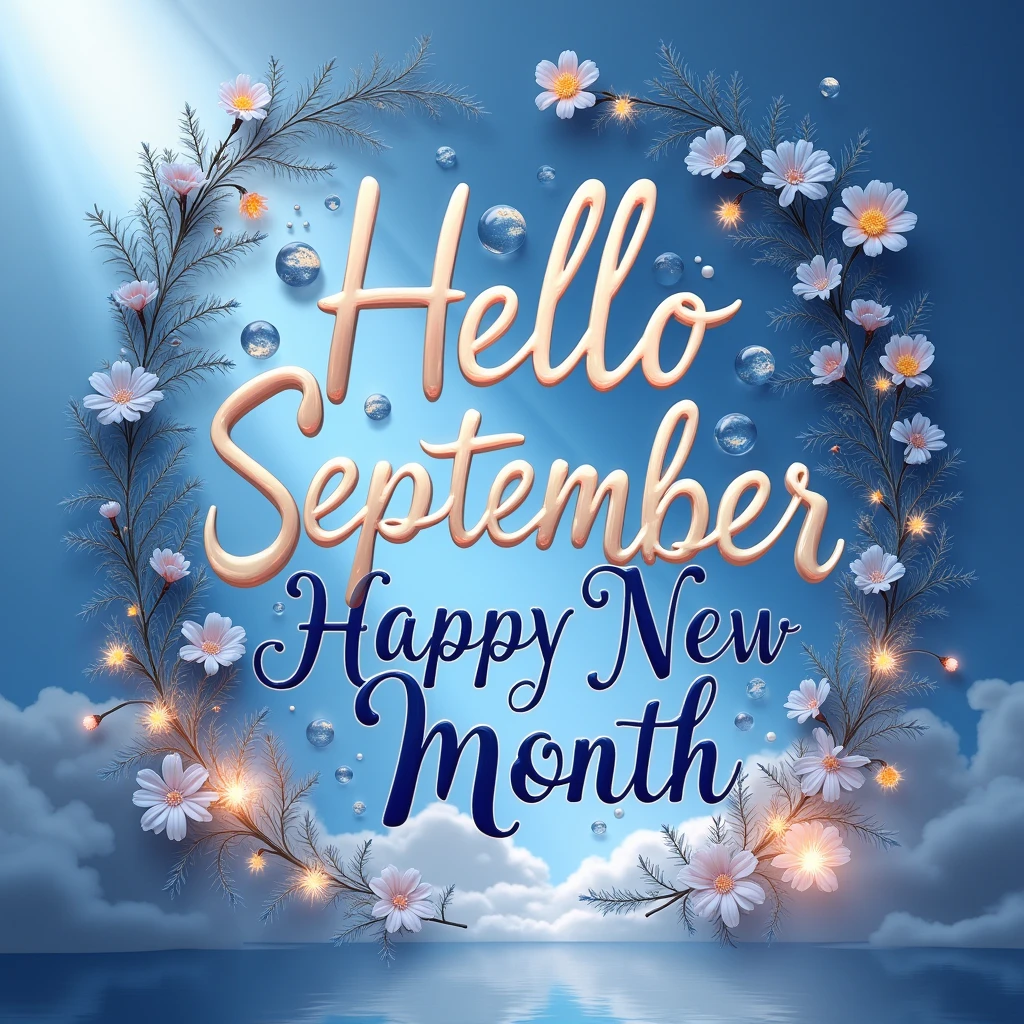 design of a happy New month, hyper realistic design, use use navy blue and white color for both fonts and background, add relevant interesting images and icons, beautiful. write on it "hello September happy new month"