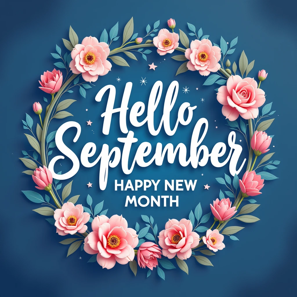 design of a happy New month, hyper realistic design, use use navy blue and white color for both fonts and background, add relevant interesting images and icons, beautiful. write on it "hello September happy new month"