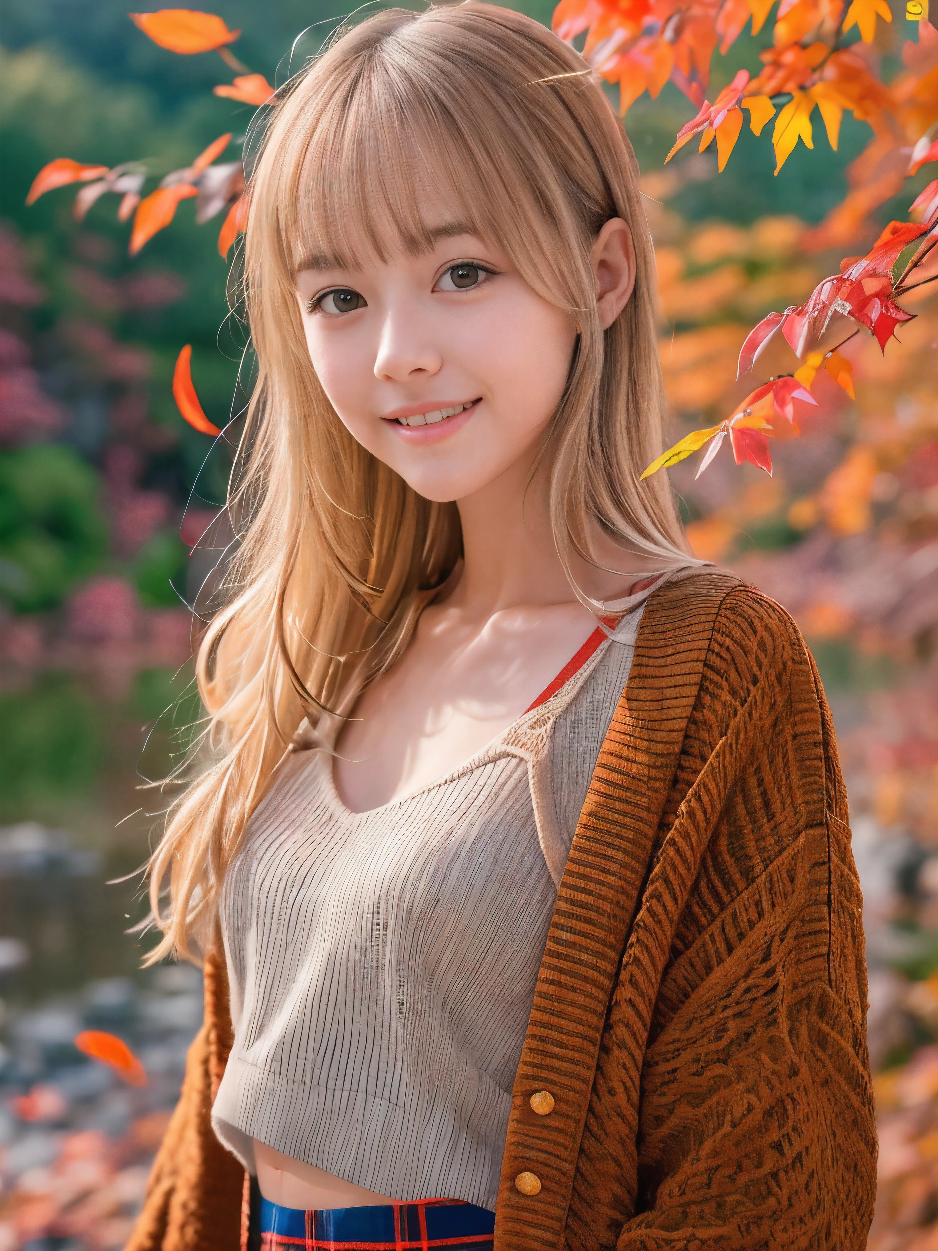 (Close up face shot of one slender small breasts half up blonde long hair with bangs girl in a long sleeves shirt and sweater and skirt:1.5)、(One blonde hair girl is dancing with happy smile on the dart road near the lake and big waterfall in Japan:1.5)、(Beautiful autumn red leaves landscpe:1.5)、(Natural light:1.5)、(8k ultra detailed master piece:1.5)、(perfect anatomy:1.5)、(Photorealistic stick:1.5)、(Raw photo:1.3)、(highest quality:1.5)、(High resolution:1.3)、(Delicate and beautiful perfect face:1.3)、(Delicate and beautiful eye air skin:1.3)、(Real Human Skin:1.3)、((thin legs))