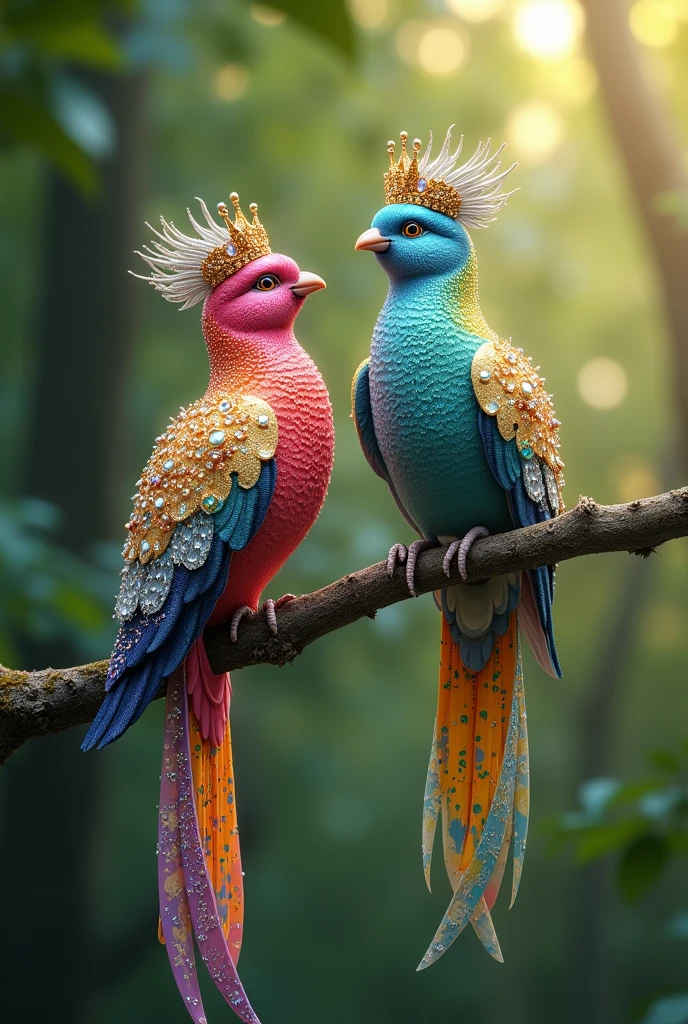 A very beautiful colourful 4K birds pairs which is chirping and speaking, its feathers are studded with diamonds and pearls. On its head is a crown of gold, silver and diamonds and pearls,  a long tail adorned with colorful spots, perched on a branch with a blurred green forest background, romantic
