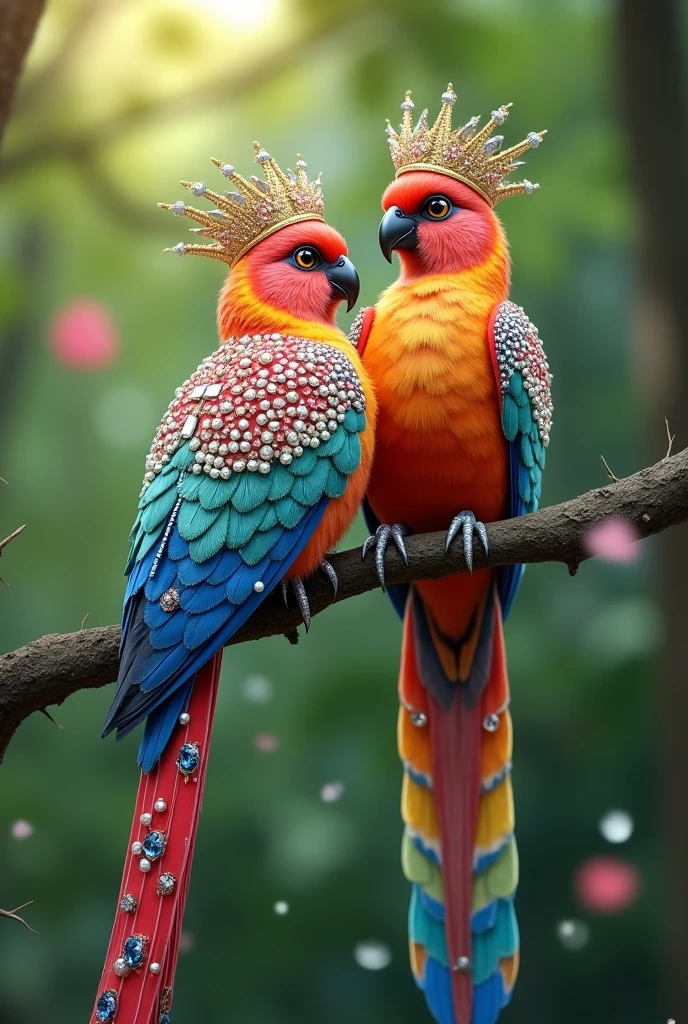 A very beautiful colourful 4K birds pairs which is chirping and speaking, its feathers are studded with diamonds and pearls. On its head is a crown of gold, silver and diamonds and pearls,  a long tail adorned with colorful spots, perched on a branch with a blurred green forest background, romantic
