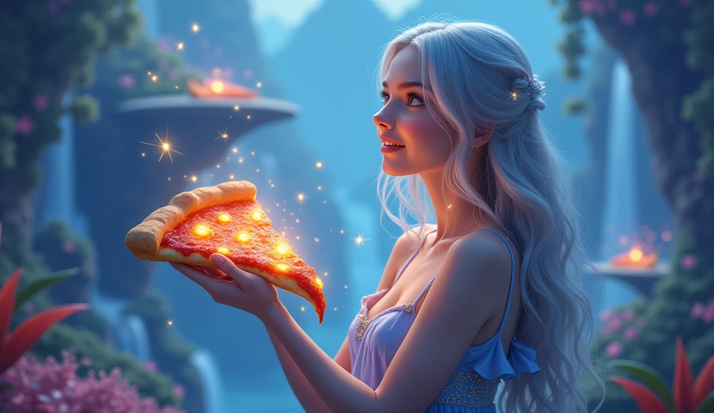 A surreal fantasy image of a woman eating a magical slice of pizza. The woman has long, flowing silver hair and wears an ethereal blue dress. The pizza slice glows with golden light, and small sparkles and magical wisps float around it. The background is a dreamy landscape with floating islands, waterfalls, and glowing plants. Her eyes are wide with wonder, and there is a soft smile on her lips. The lighting is mystical, with soft blue and purple hues. Inspired by fantasy illustrations and surreal art, high resolution, ultra-detailed, ethereal ambiance.