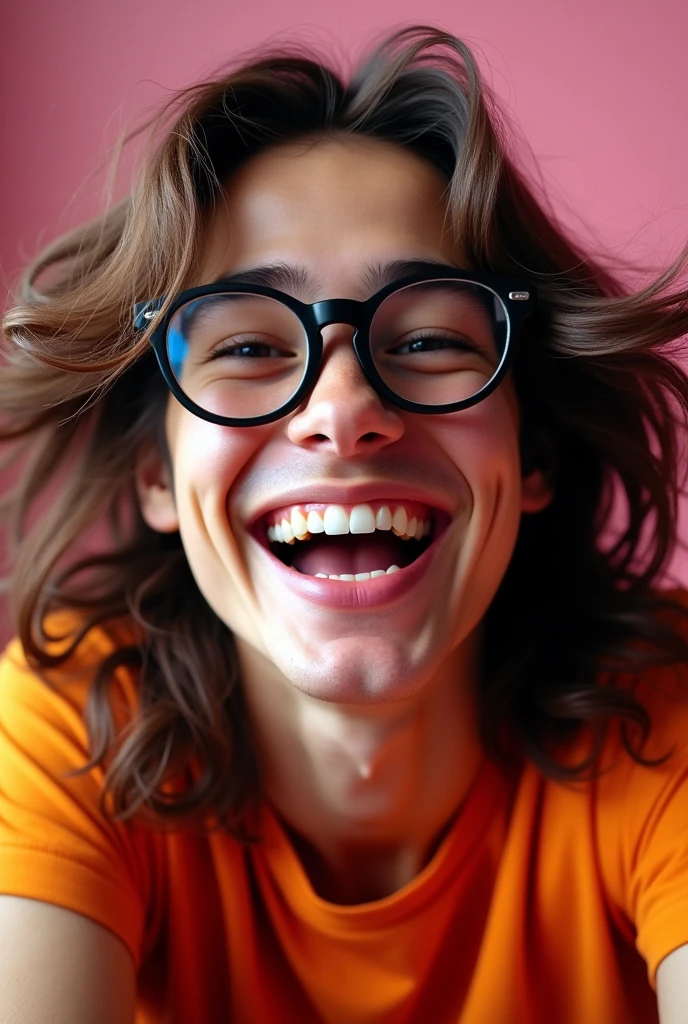 image for twich boy long wavy hair facing forward, with round black glasses,laughing