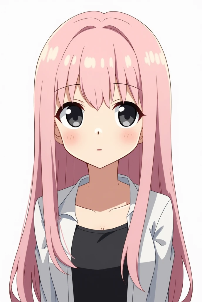 An anime girl in the style of boku no hero with long, straight hair in pastel pink, slanted eyes and black with U clothes.a, icon IN BOKU NO HERO DRAWING STYLE/ MY HERO aCaDEMIa