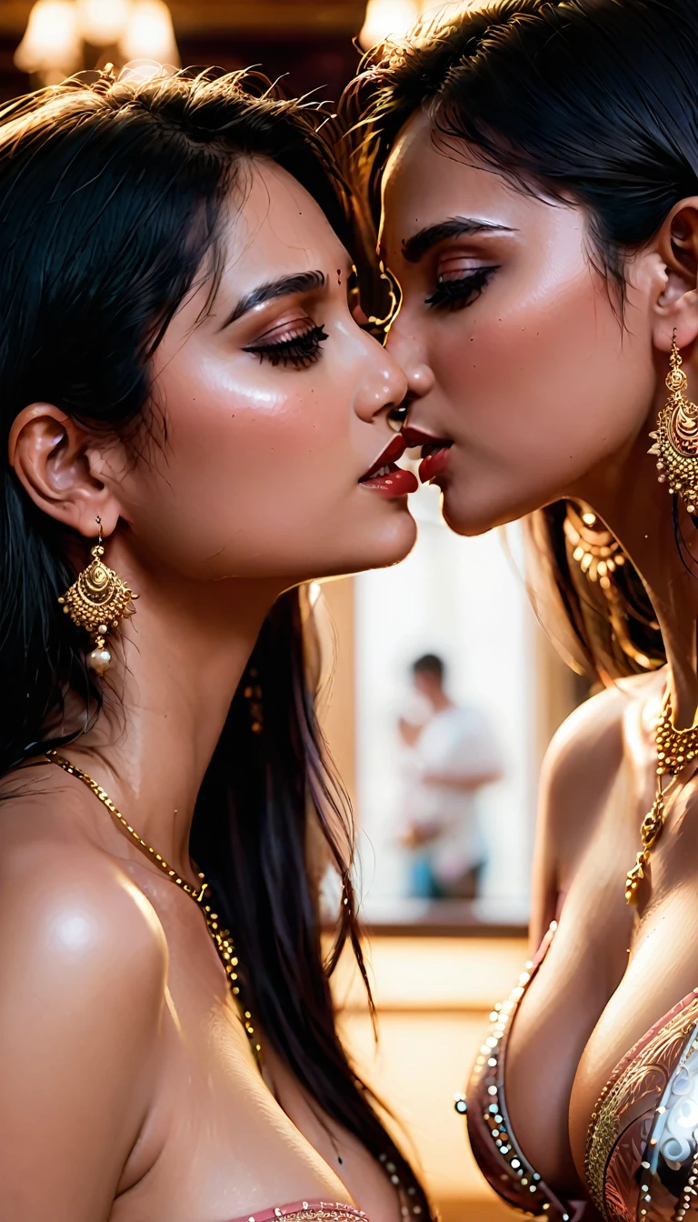 (masterpiece), best quality, very aesthetic, expressive eyes, score_9, score_8_up, score_7_up, ultra detailed, intricate details, ((mature woman, 1girl, 2girl, indian, kiss, kissing, nipples pressed, shiny skin, in the club, close up, side slit, navel, necklace, topless, kissing with a crowd watching them, cozy vibes, soft blush, moaning, european vibes)), (better eyes, black hair, long hair, parted bangs),