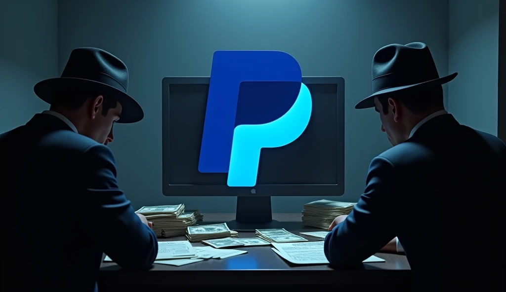 Realistic 3D PayPal logo in a dark setting with mafia businessmen, money laundering and corruption