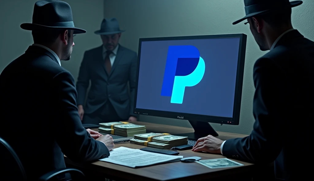 Realistic 3D PayPal logo in a dark setting with mafia businessmen, money laundering and corruption