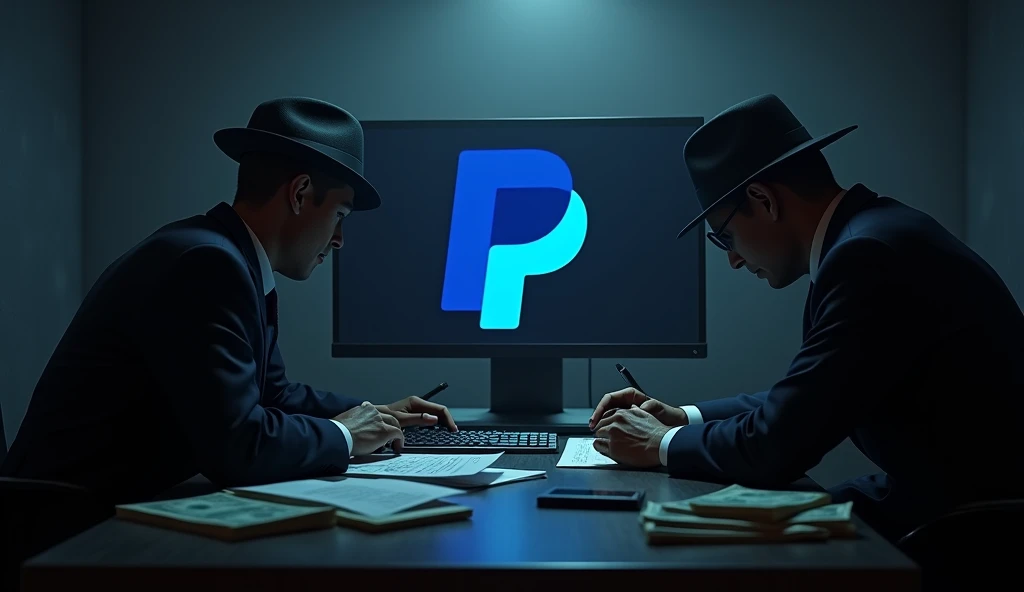 Realistic 3D PayPal logo in a dark setting with mafia businessmen, money laundering and corruption