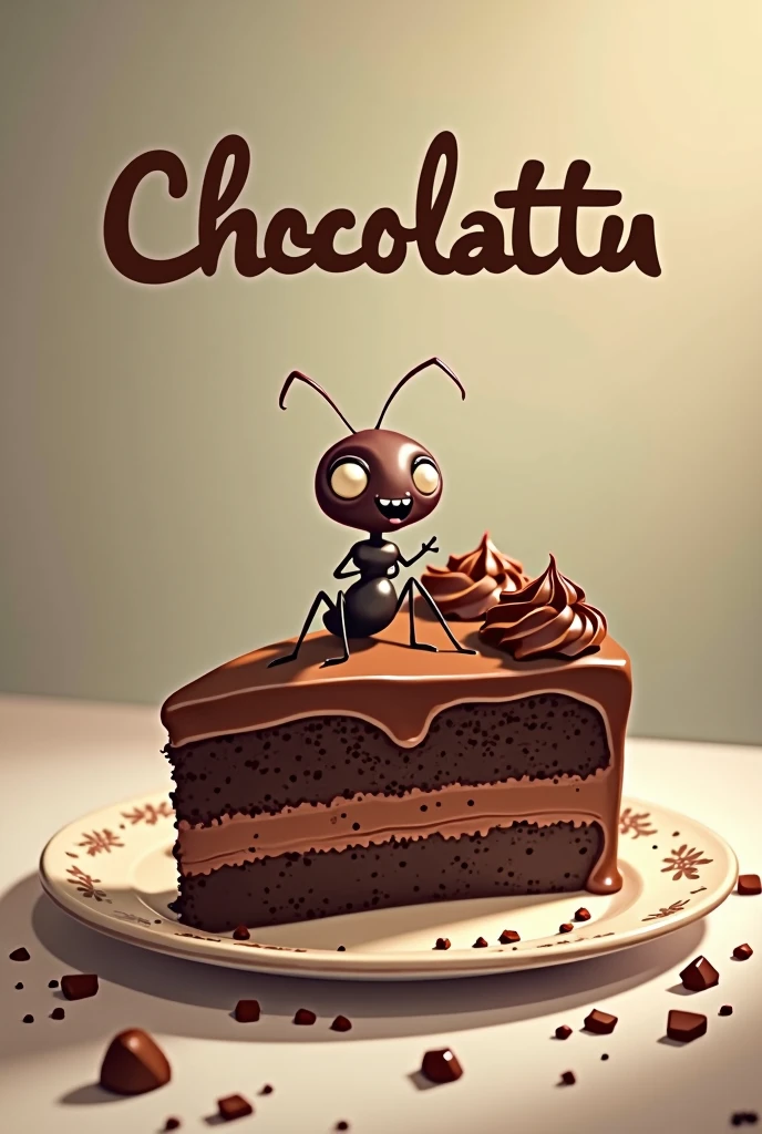 Create an image of a cute little ant eating a delicious chocolate cake, brand it Chocolattu