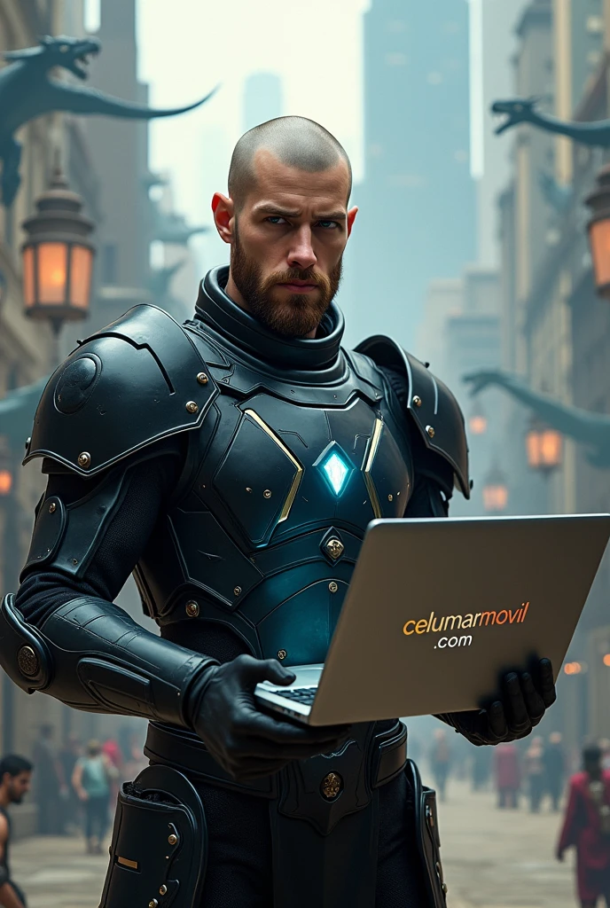 
Young bald man with short brown beard, Caucasian dressed in black armor and with a laptop in his hand, on the laptop say celumarmovil.com, in the background a city with dragons and magical beings