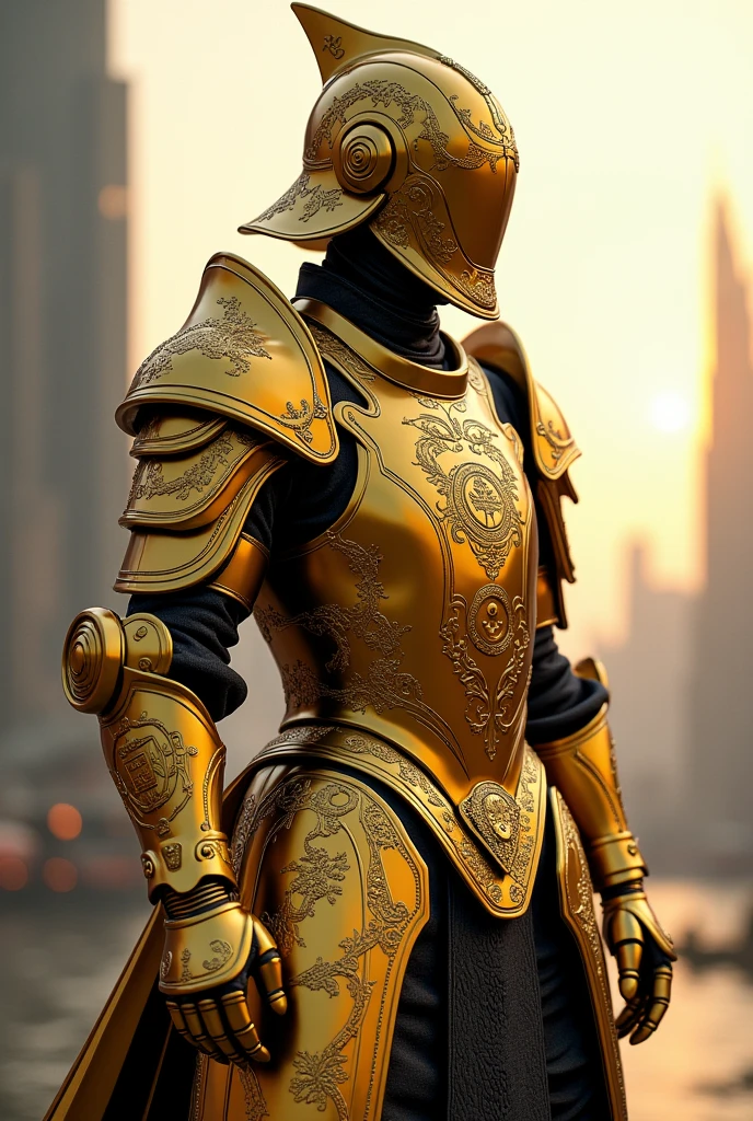 Futuristic medieval armor in golden color and with Chinese details 