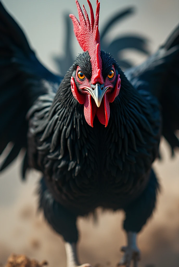 An image depicting a properly decrested fighting with jet black feathers, intense eyes and sharp beak, lunges forward in a ferocious attack. His muscles are tense and his wings are spread out., creating a sense of movement and power. No crest no crest, without crest