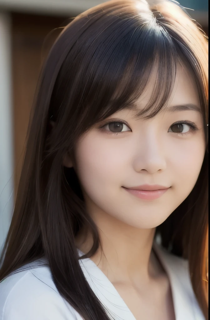 best quality, face focus, soft light, ultra high res, (photorealistic:1.4), RAW photo,(Shinozaki Ai), (fair skin), High school girl, 1 Japanese girl, solo, cute, smile, (pupil, lights in the eyes), detailed beautiful face, busty,(high resolution detail of human skin texture),long hair,(portrait), upper body, Japanese white kimono
