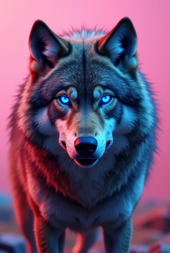 "I want a profile picture for my women's line. The image must have a wolf with an intimidating appearance, with bright blue eyes. The background must be pink, to create a strong contrast and highlight the wolf."