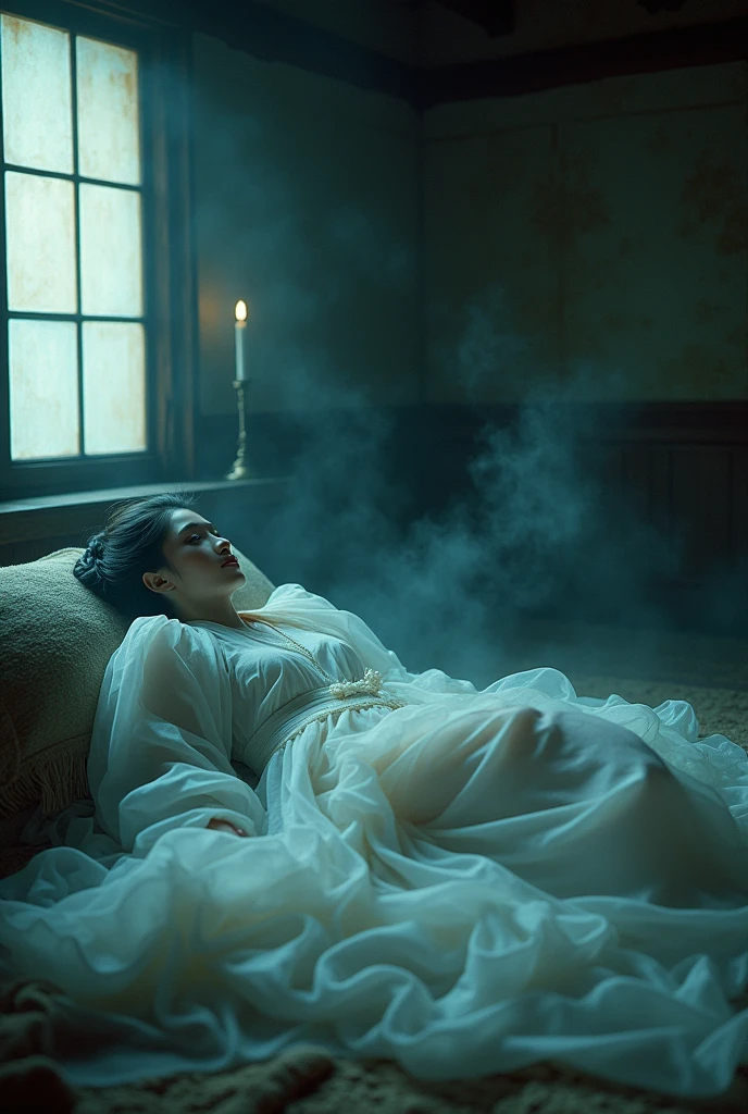 (((ghost)))、young woman、(Beauty)、Japanese、cute、1、(sexy)、(My body is transparent)、Background: Dim and old Japanese room、kimono、kimono、Spirits flying all around、(best quality,4K,8k,highres,masterpiece:1.2),ultra-detailed,(realistic,photorealistic,photo-realistic:1.37),HDR,uhd,studio lighting,ultra-fine painting,sharp focus,physically-based rendering,extreme detail description,professional,vivid colors,bokeh,cinematic lighting,dramatic shadow,