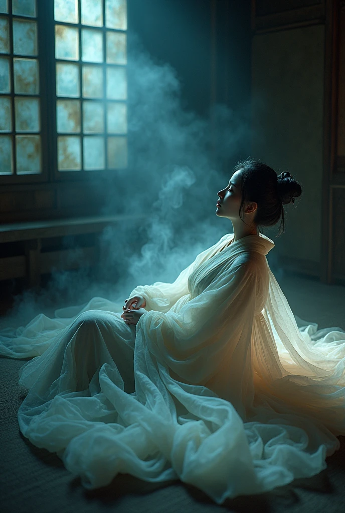 (((ghost)))、young woman、(Beauty)、Japanese、cute、1、(sexy)、(My body is transparent)、Background: Dim and old Japanese room、kimono、kimono、Spirits flying all around、(best quality,4K,8k,highres,masterpiece:1.2),ultra-detailed,(realistic,photorealistic,photo-realistic:1.37),HDR,uhd,studio lighting,ultra-fine painting,sharp focus,physically-based rendering,extreme detail description,professional,vivid colors,bokeh,cinematic lighting,dramatic shadow,