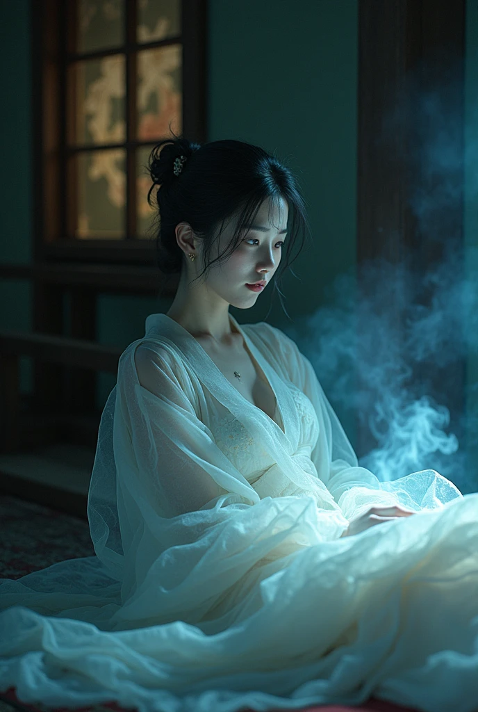 (((ghost)))、young woman、(Beauty)、Japanese、cute、1、(sexy)、(My body is transparent)、Background: Dim and old Japanese room、kimono、kimono、Spirits flying all around、(best quality,4K,8k,highres,masterpiece:1.2),ultra-detailed,(realistic,photorealistic,photo-realistic:1.37),HDR,uhd,studio lighting,ultra-fine painting,sharp focus,physically-based rendering,extreme detail description,professional,vivid colors,bokeh,cinematic lighting,dramatic shadow,